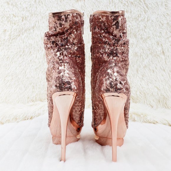 Blondie 1008 Rose Gold Sequin Slouch Shaft Platform Ankle Boots - Picture 7 of 14